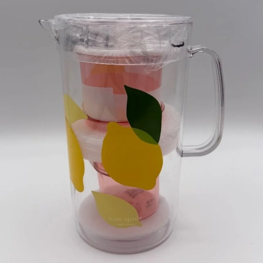 Kate Spade New York Lemon Pitcher + 2 Cups Acrylic 58oz / 12oz‎ NIB